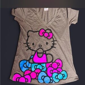 Sanrio Hello Kitty Brown V-Neck Tee with Pink & Blue Graphic